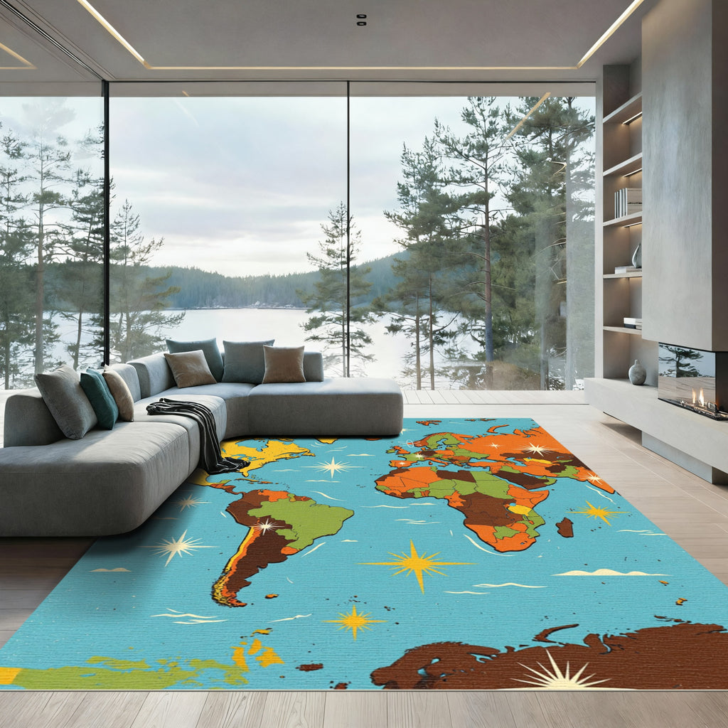 Retro Atomic Era Celestial World Map Rug