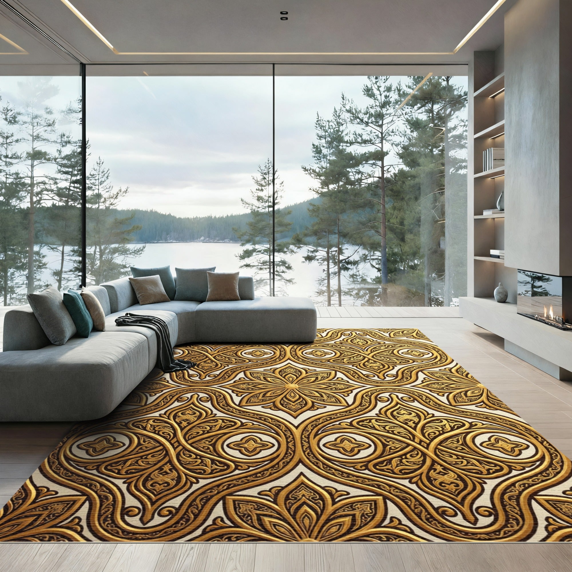 Ornate Golden Damask Floral Scroll Rug