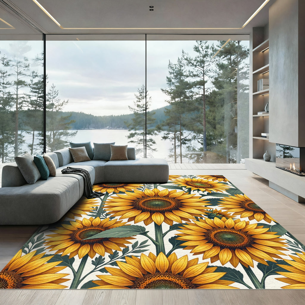 Sunlit Yellow Sunflower Botanical Illustration Rug