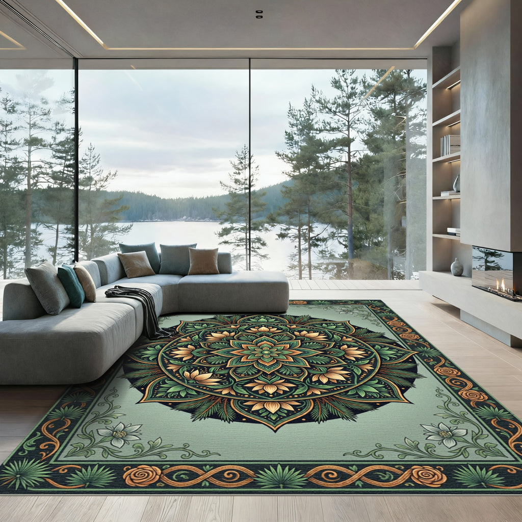 Sage Botanical Floral Medallion Garden Rug