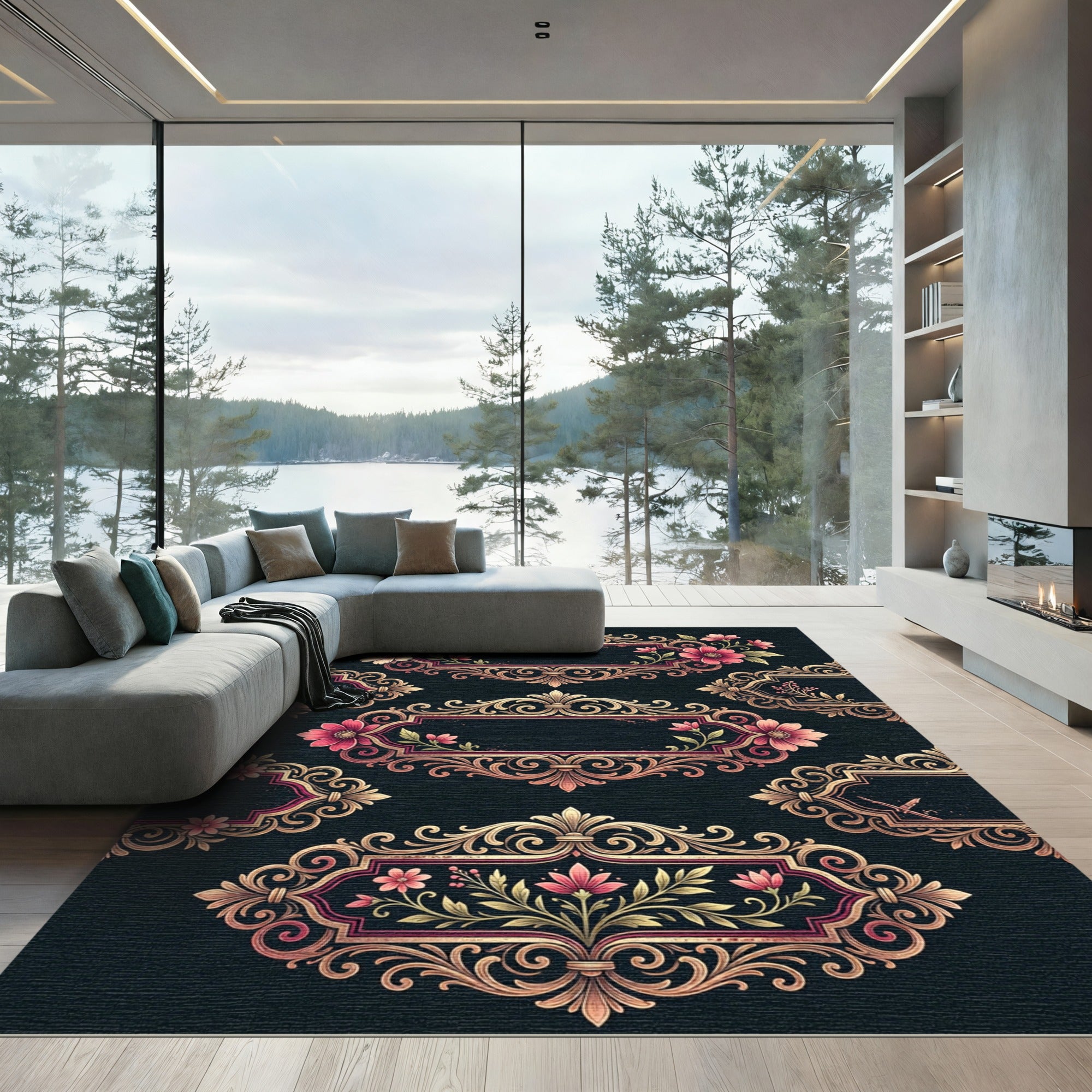 Ornate Gold Floral Baroque Frame Rug