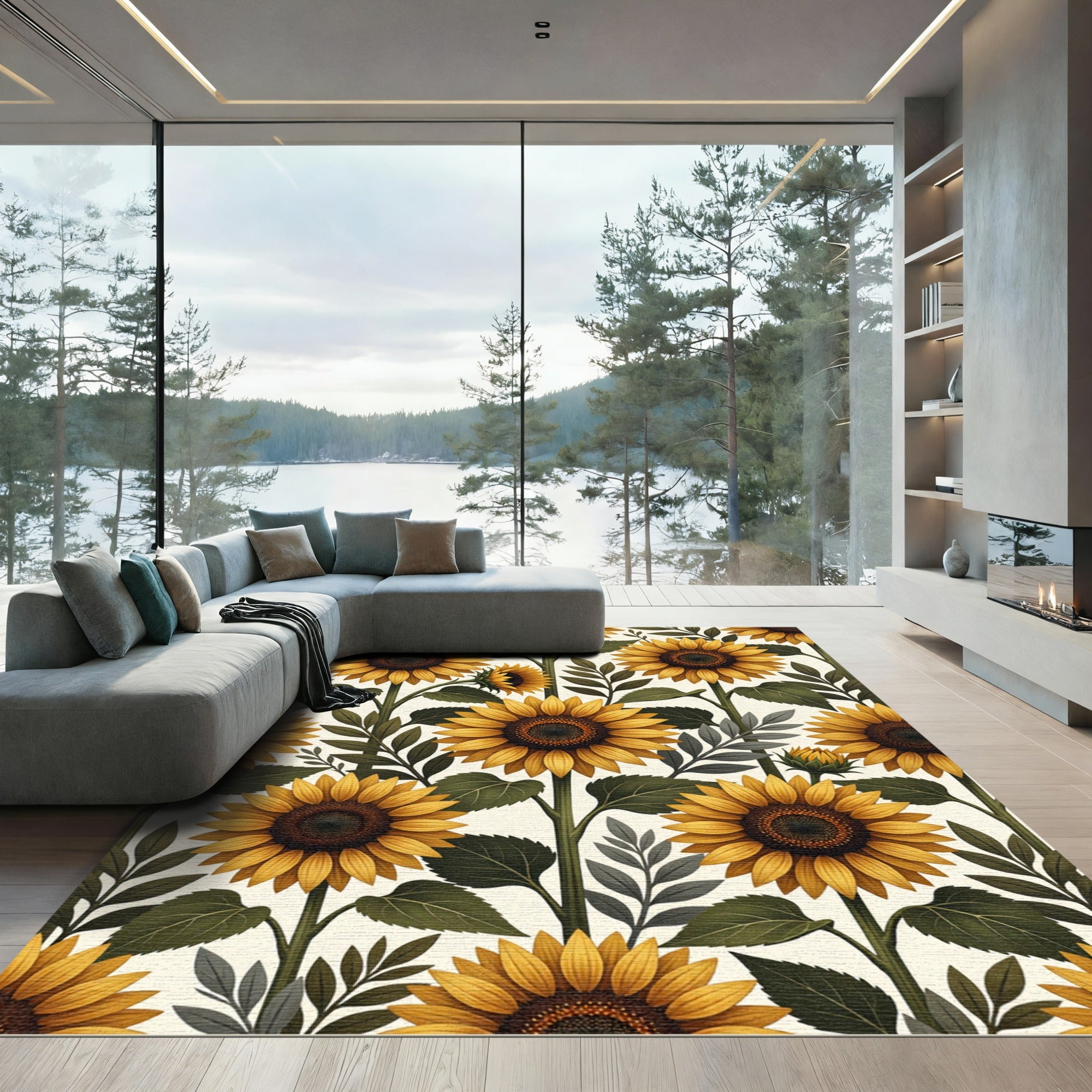 Golden Sunflower Botanical Floral Field Rug