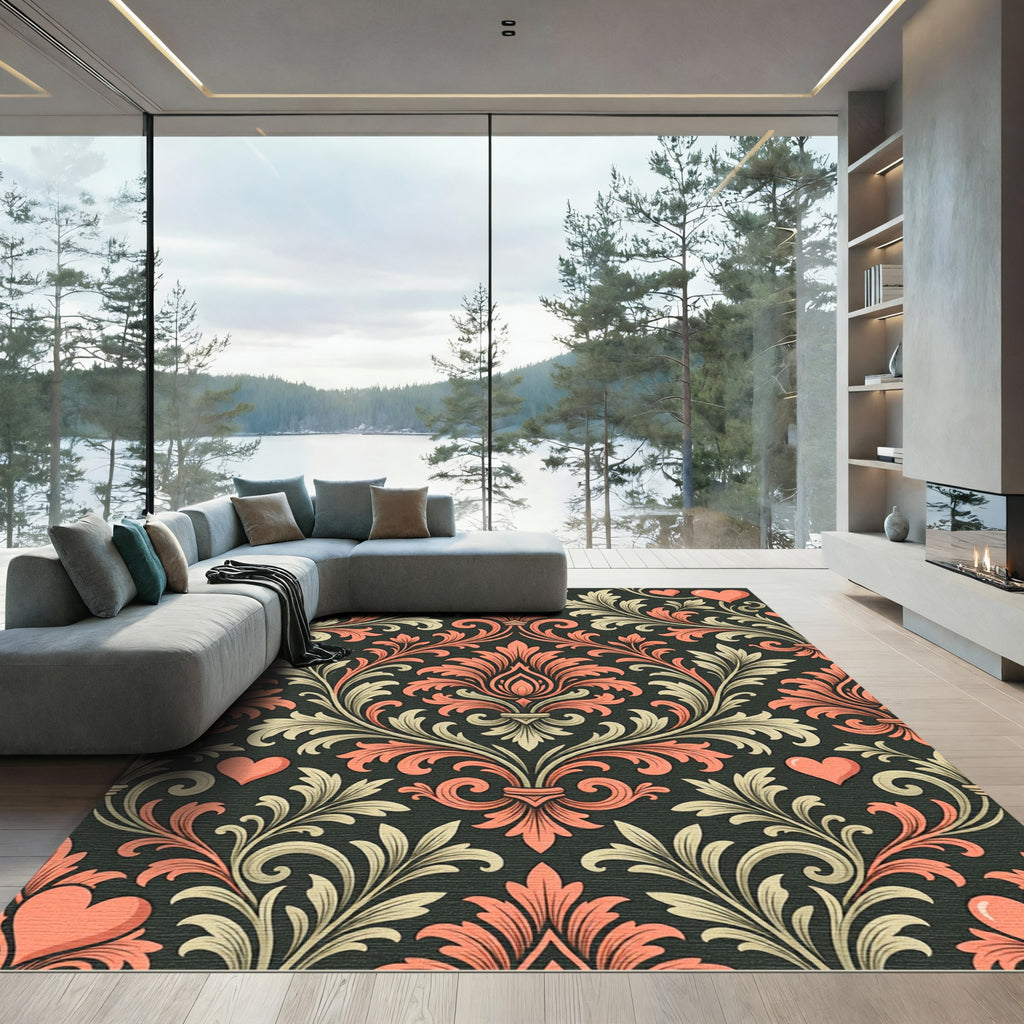 Coral Hearts Cream Damask Vines Rug