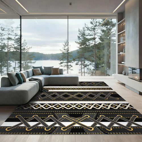 Black and Gold Corset Stripe Grid Rug