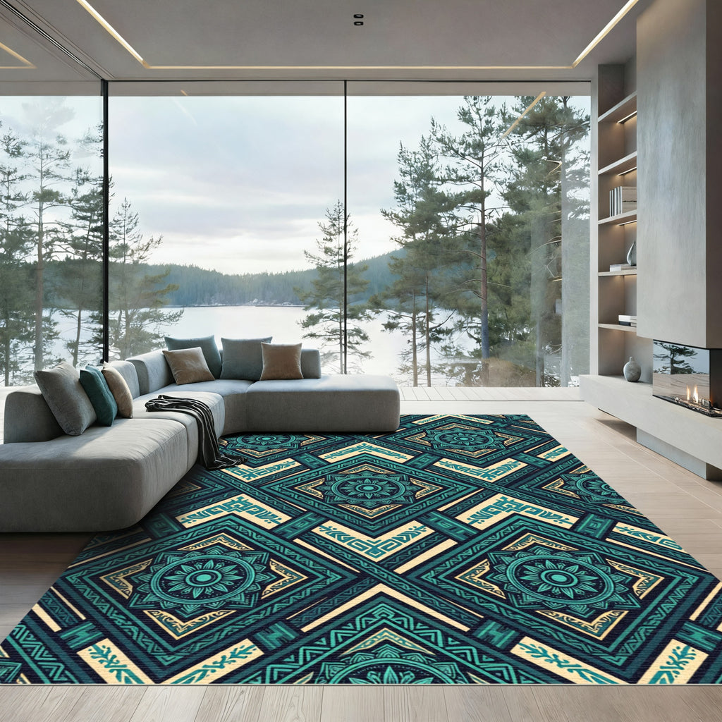Teal Geometric Mandala Diamond Lattice Rug