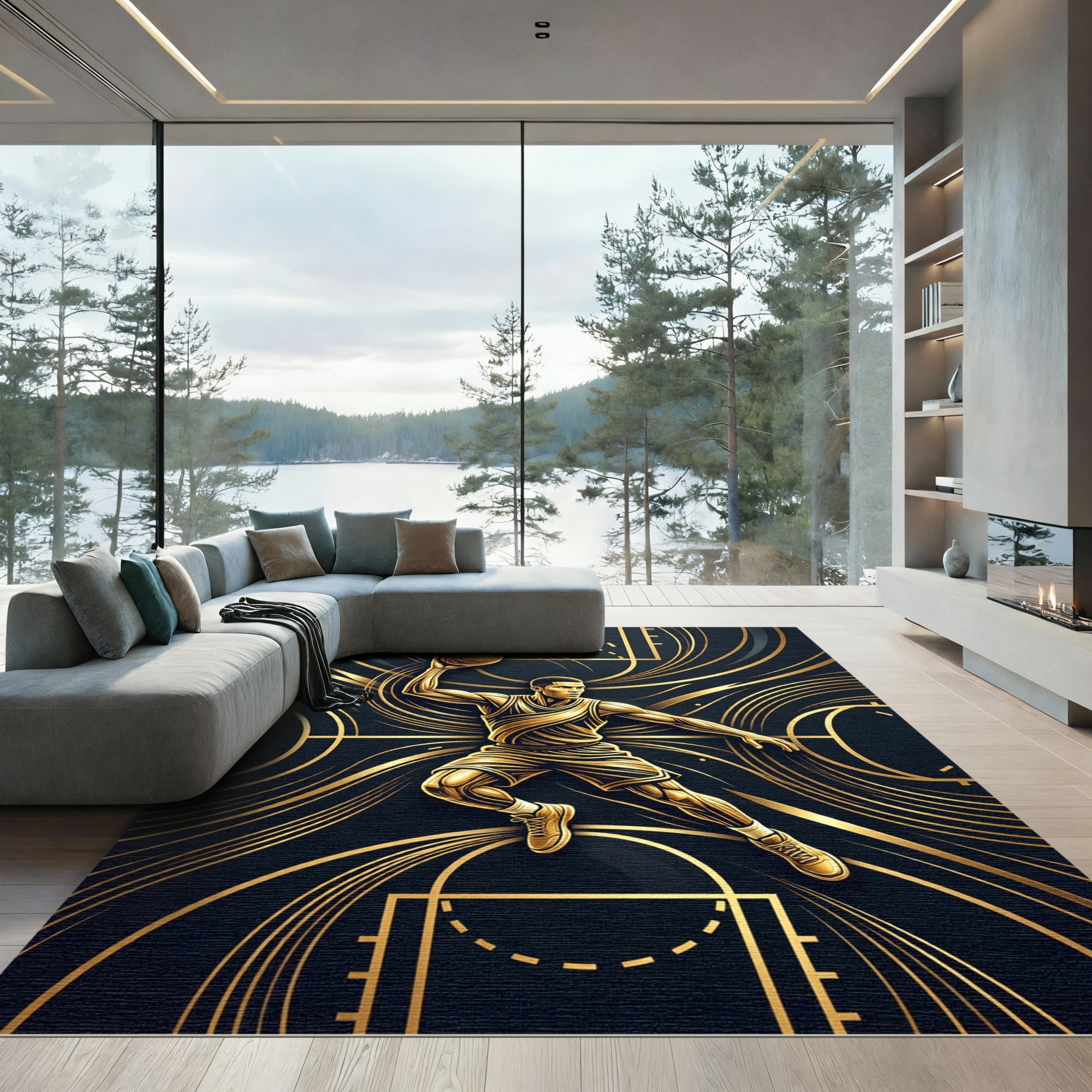 Golden Athlete Basketball Abstract Art Rug