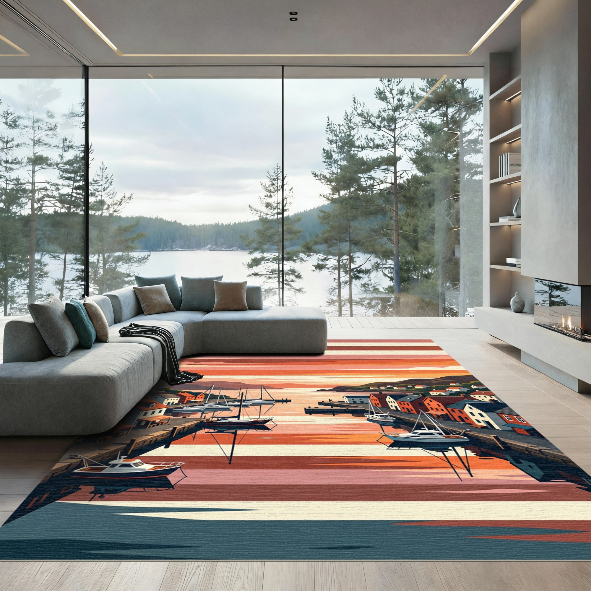 Coastal Village Watercolor Sunset Marina Rug