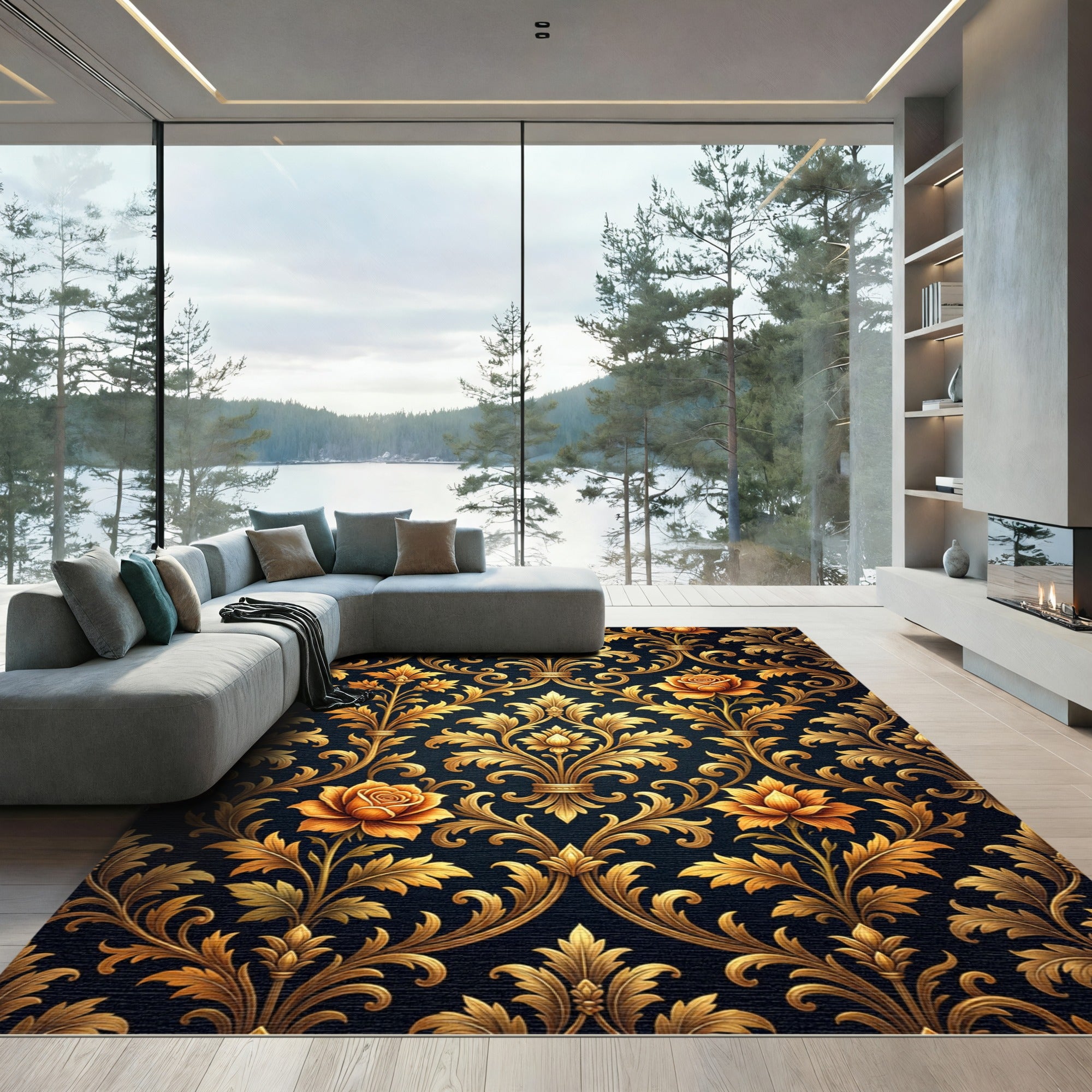 Elegant Antique Gold Floral Damask Rug
