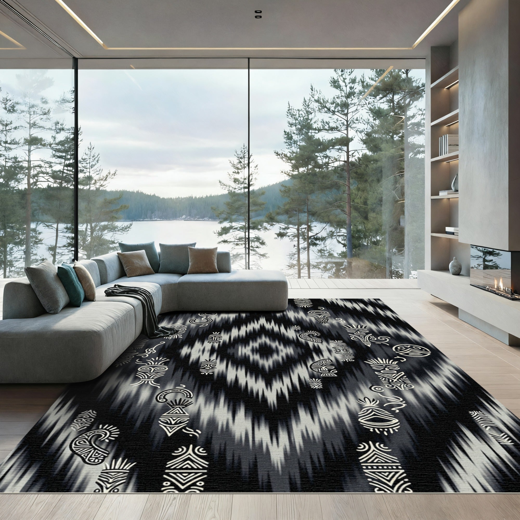 Tribal Masks Black White Ikat Rug