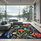 Vibrant Blue Bird Floral Garden Rug