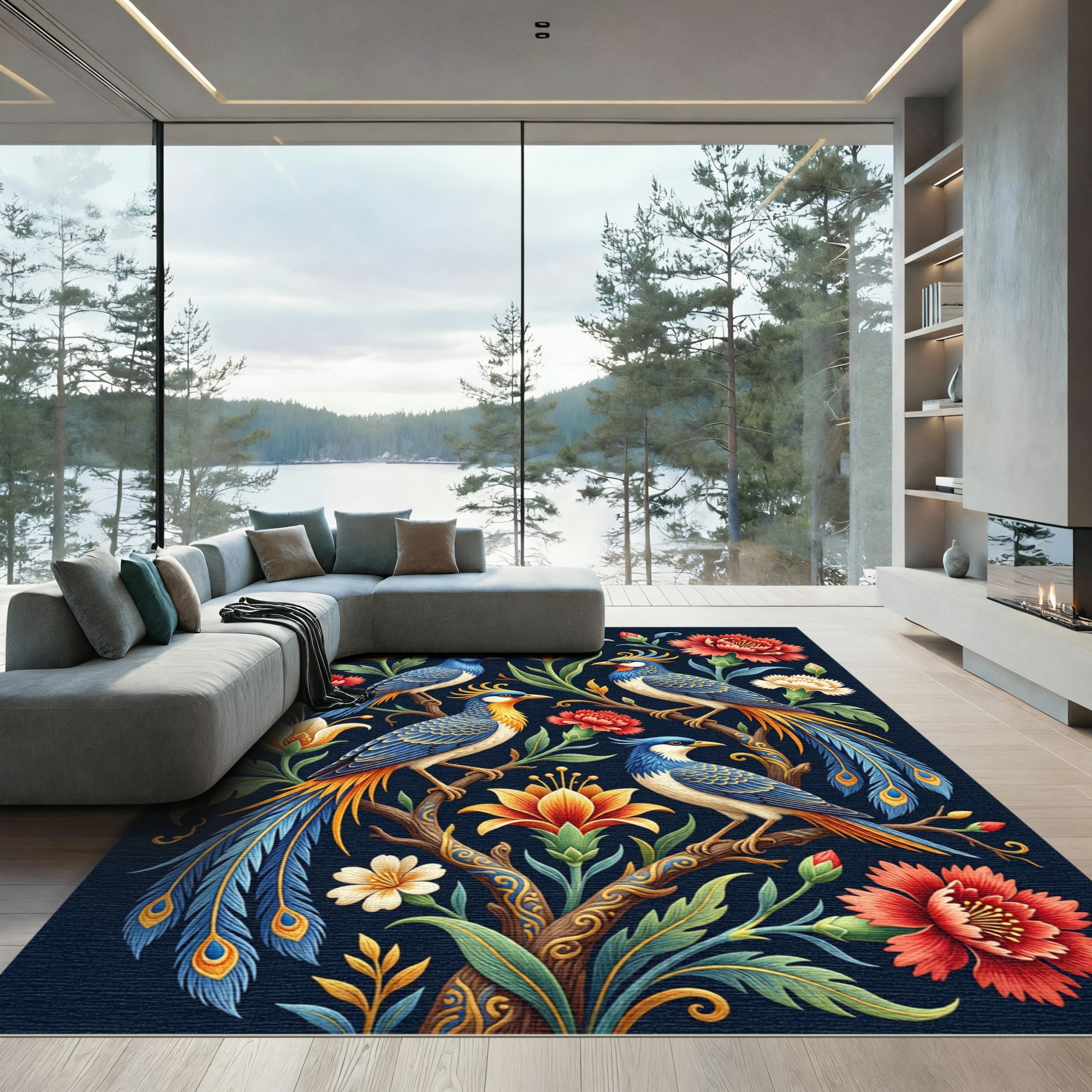 Vibrant Blue Bird Floral Garden Rug