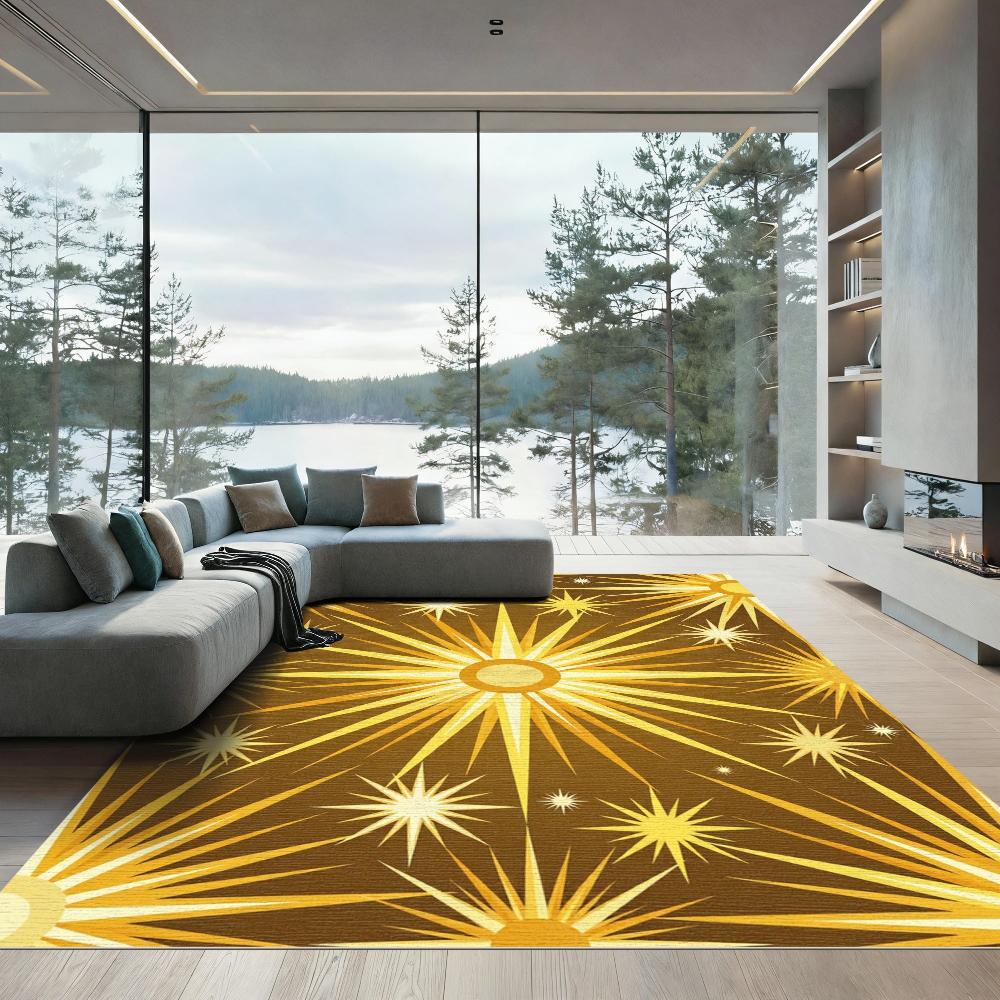 Radiant Golden Celestial Sunburst Art Rug