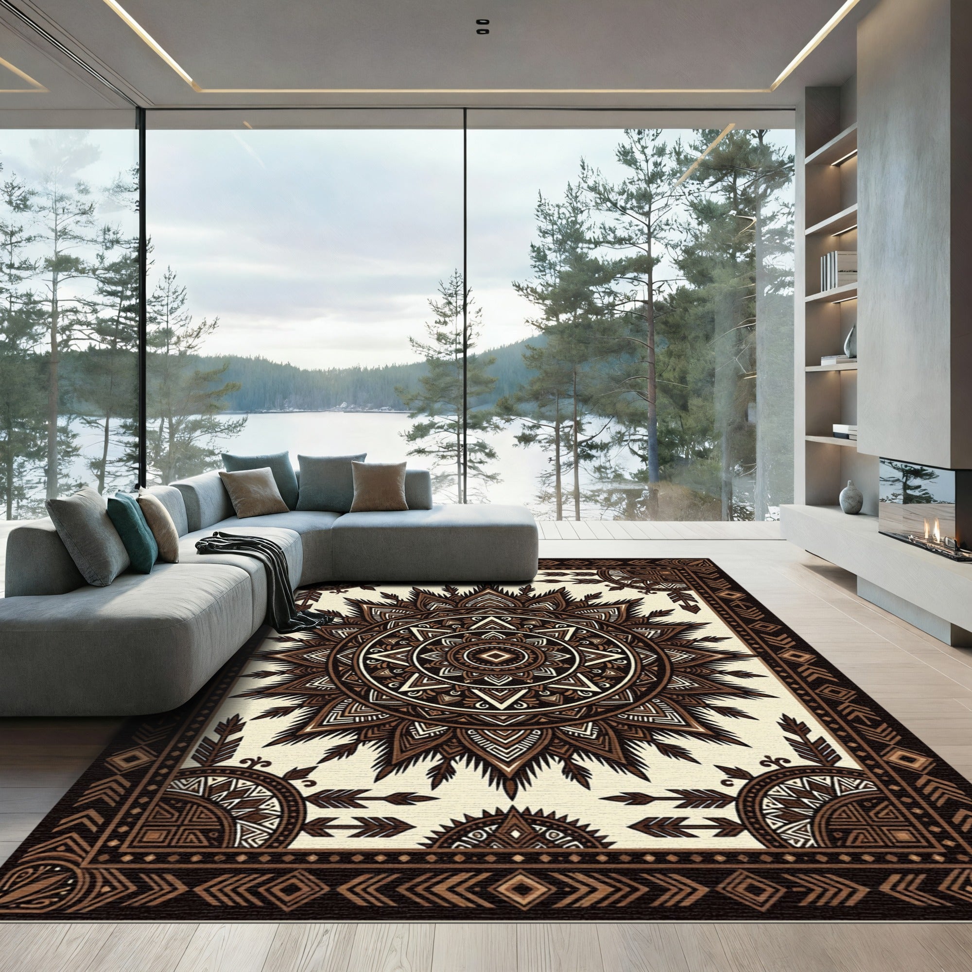 Earthy Brown Tribal Mandala Medallion Rug