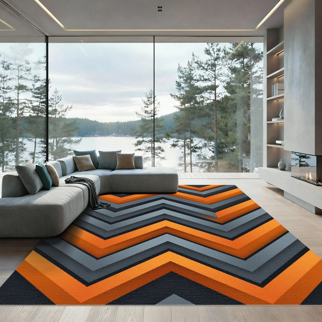 Modern Orange and Charcoal Geometric Zigzag Rug