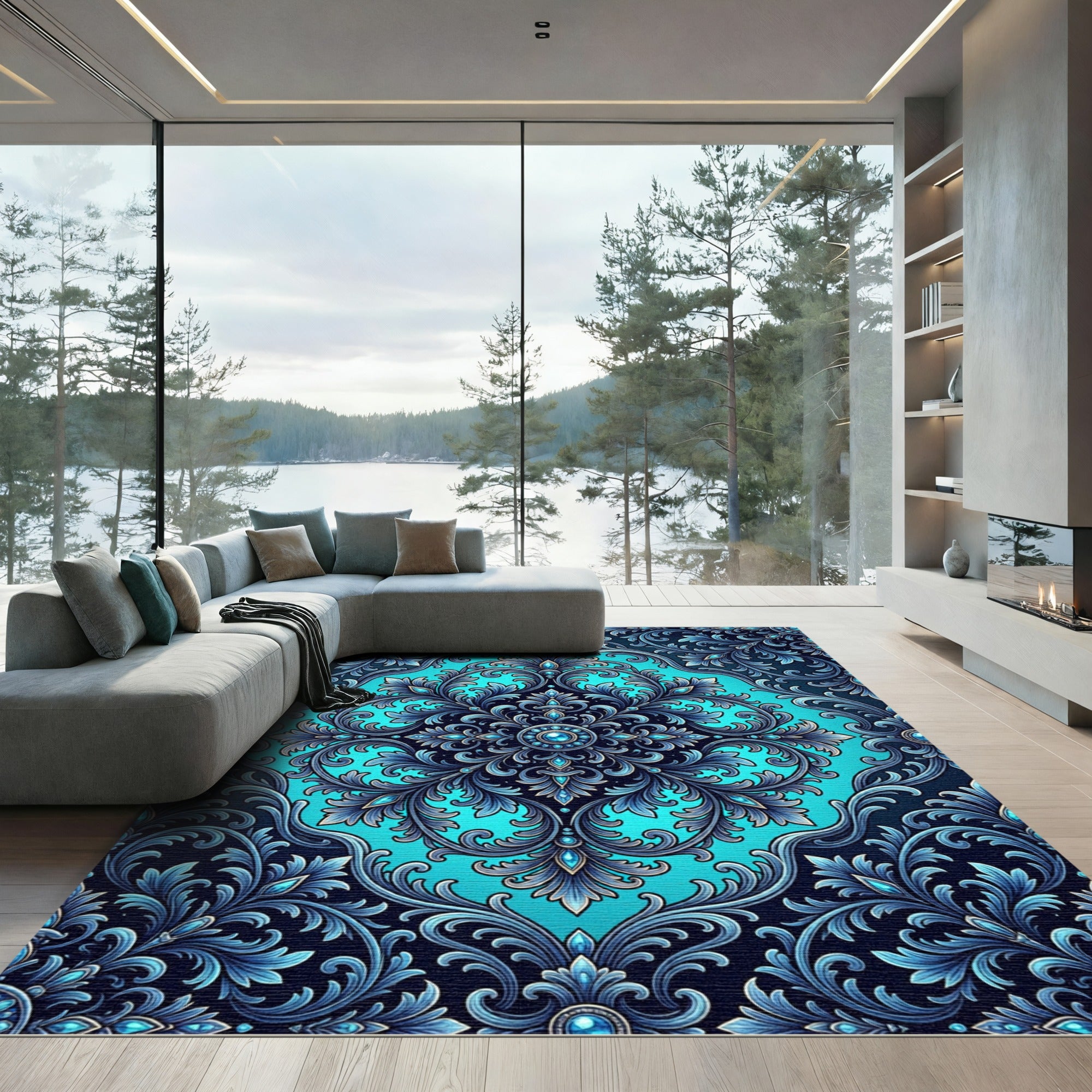 Deep Blue Baroque Floral Medallion Rug