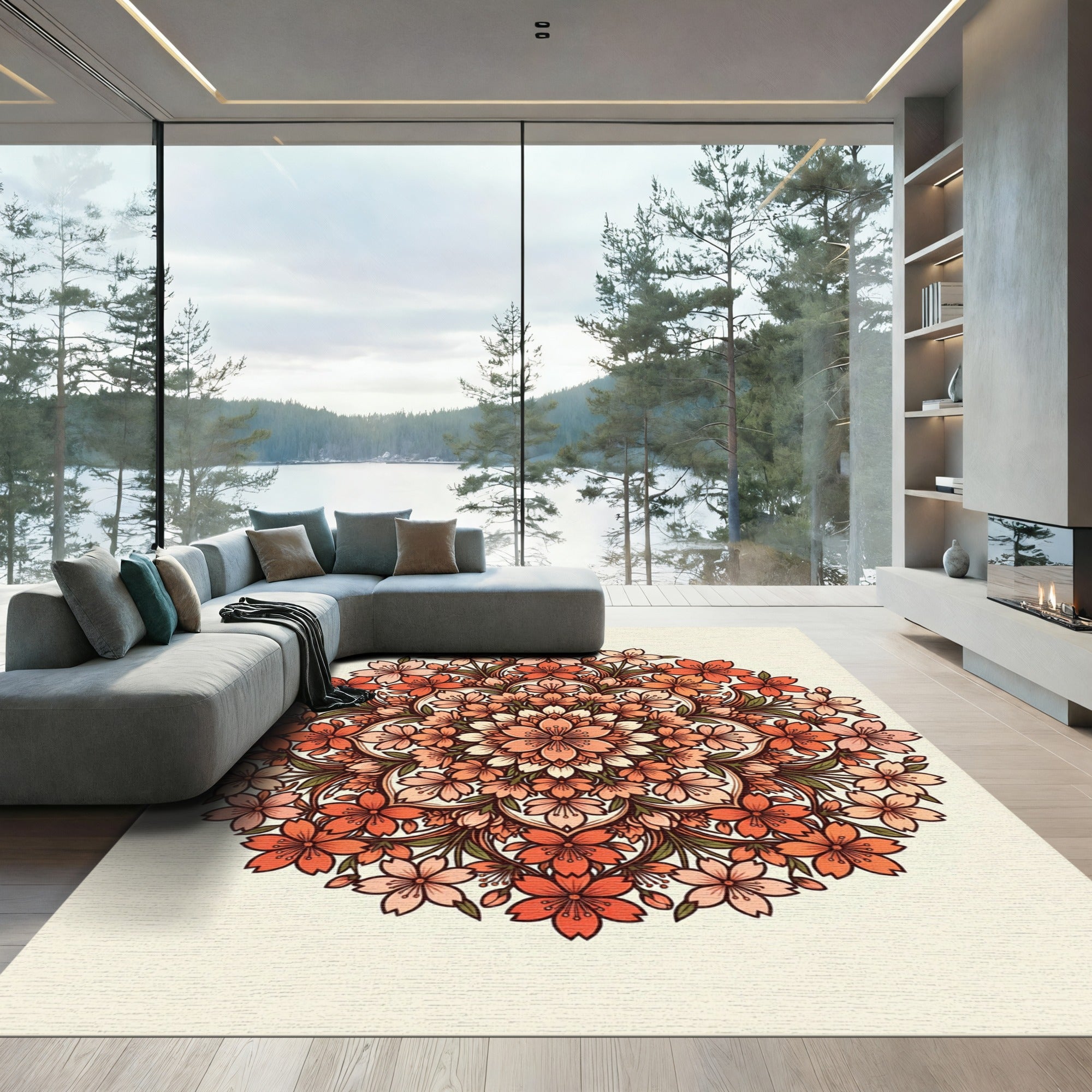 Coral Cherry Blossom Floral Mandala Rug