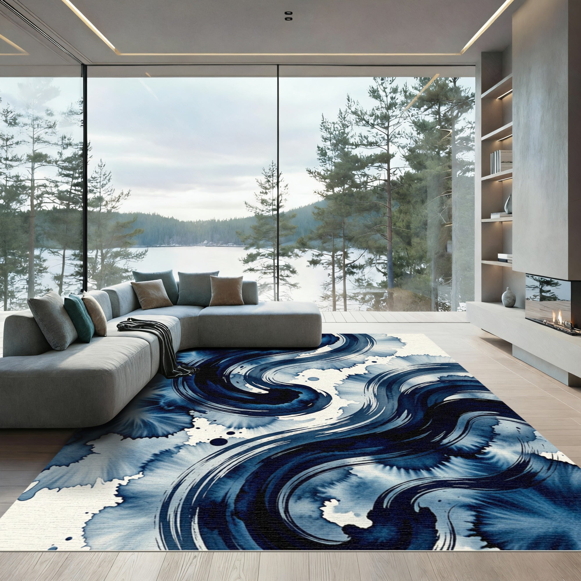 Deep Indigo Ink Swirls Rug