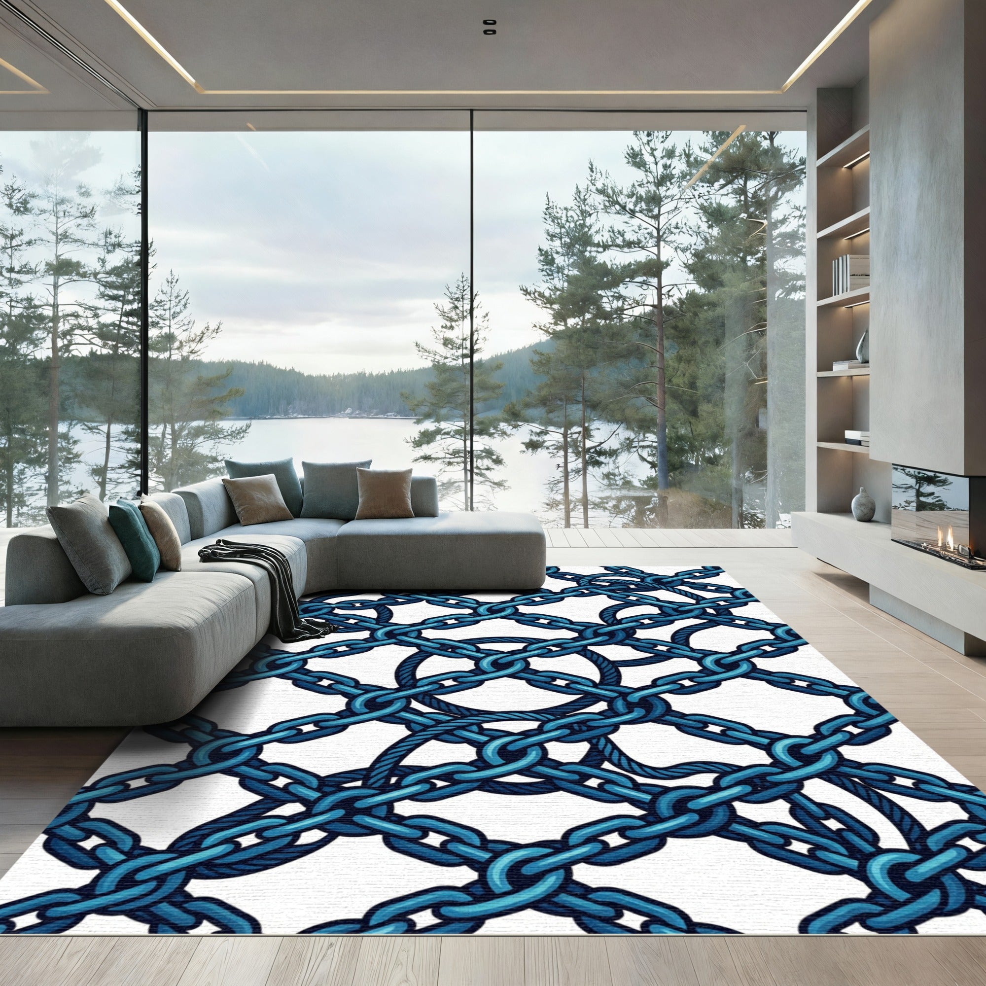 Intertwined Cobalt Anchor Chain Grid Rug