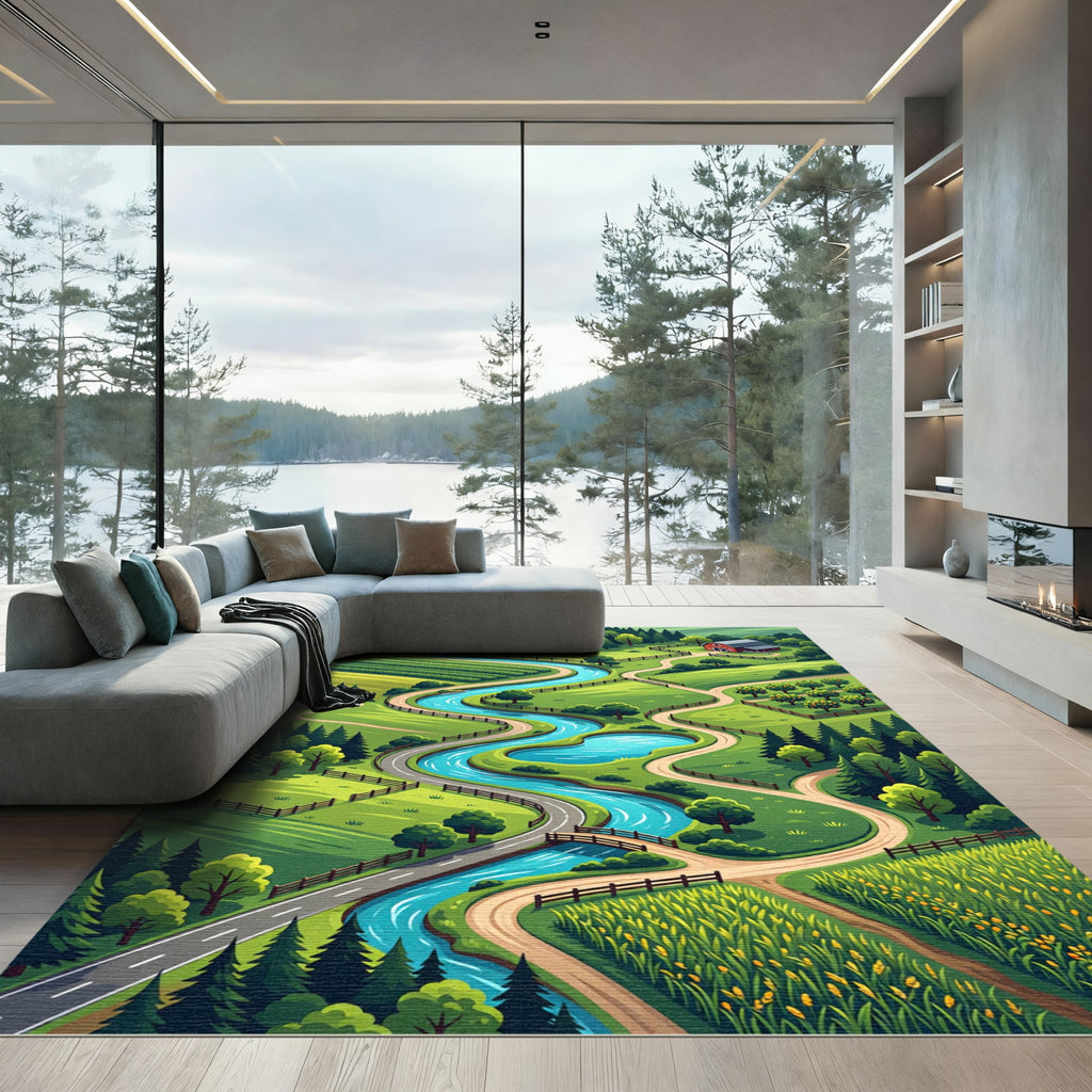 Serene River Valley Countryside Landscape Rug