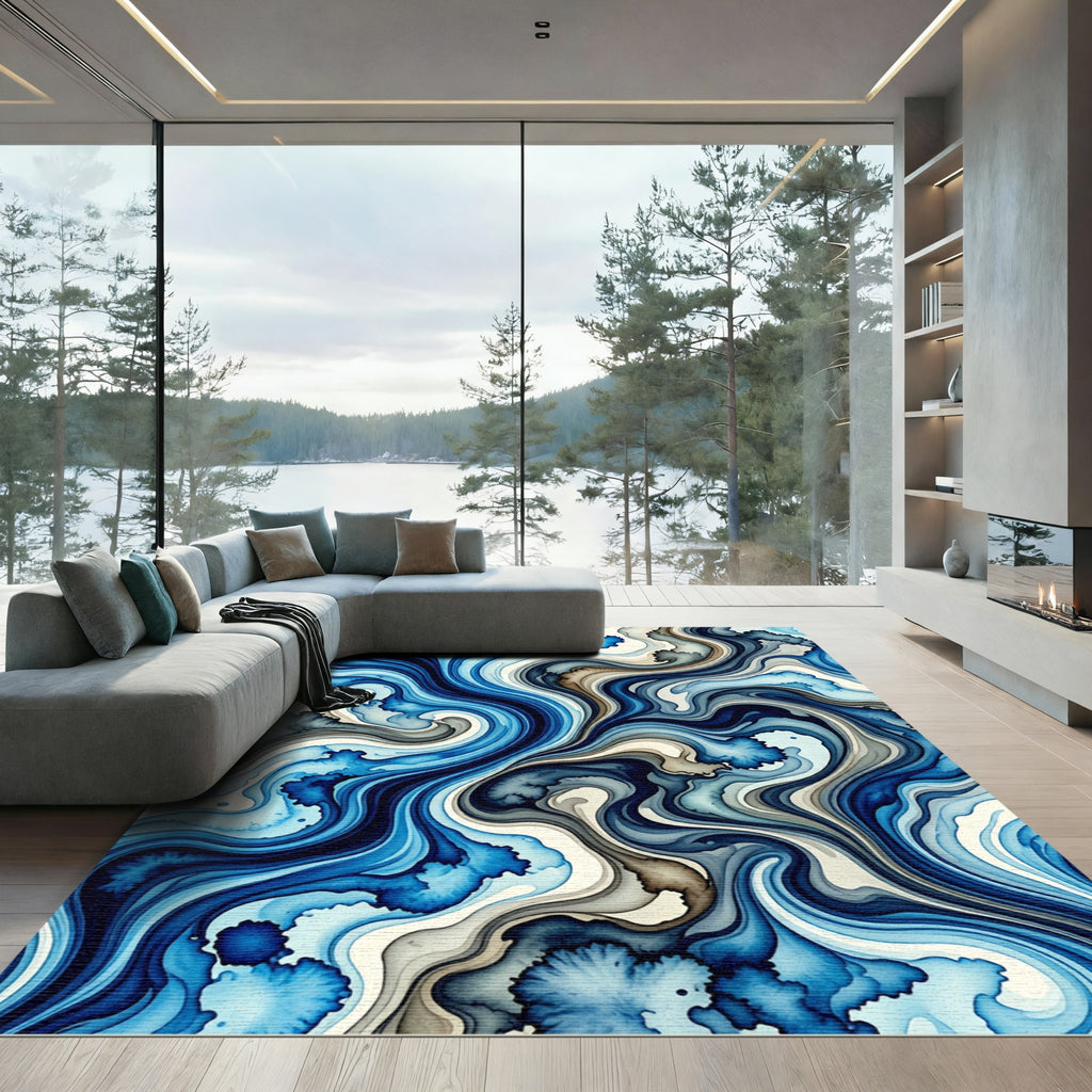 Ethereal Blue Liquid Marble Swirl Rug