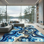 Ethereal Blue Liquid Marble Swirl Rug