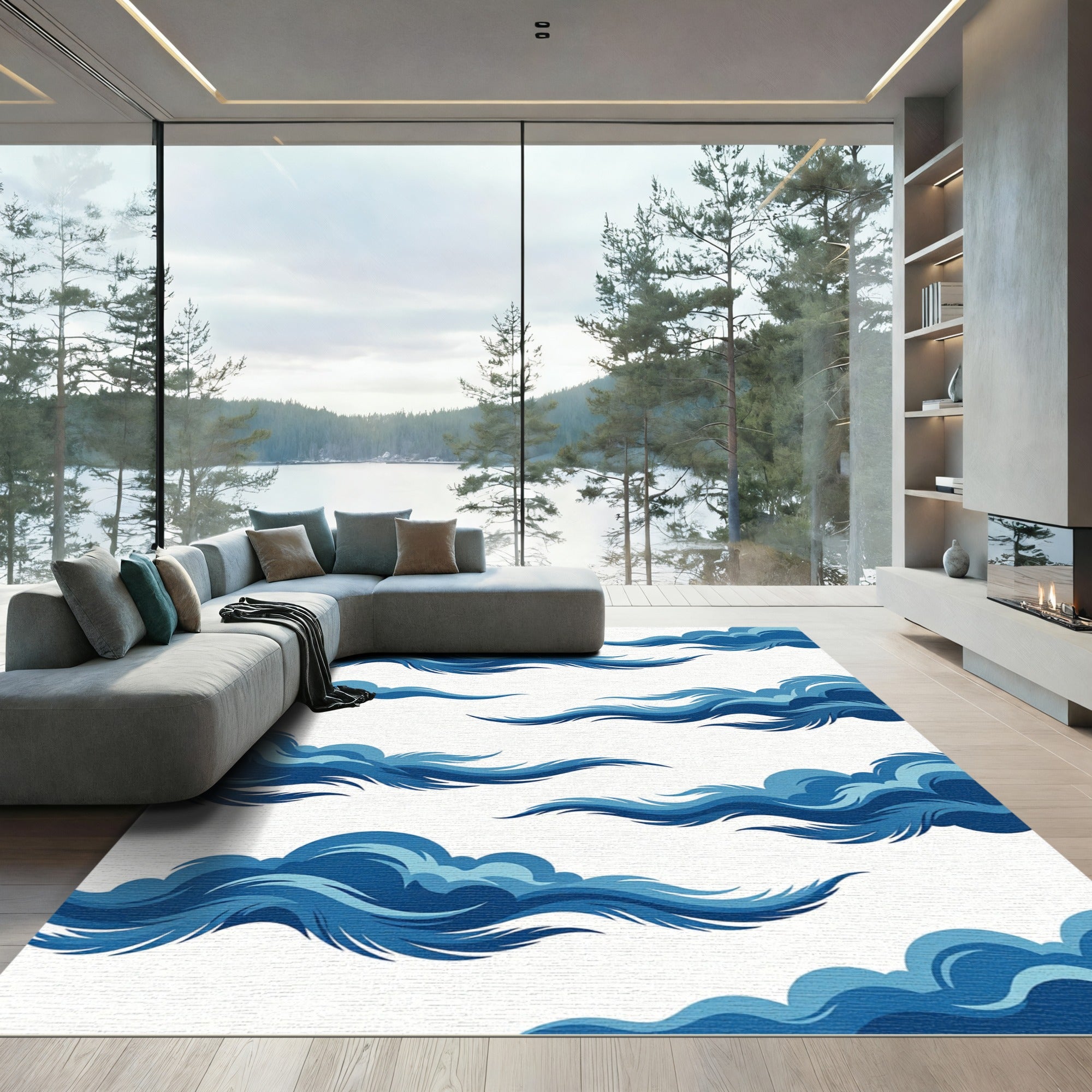 Elegant Swirling Navy Blue Cloudscape Rug