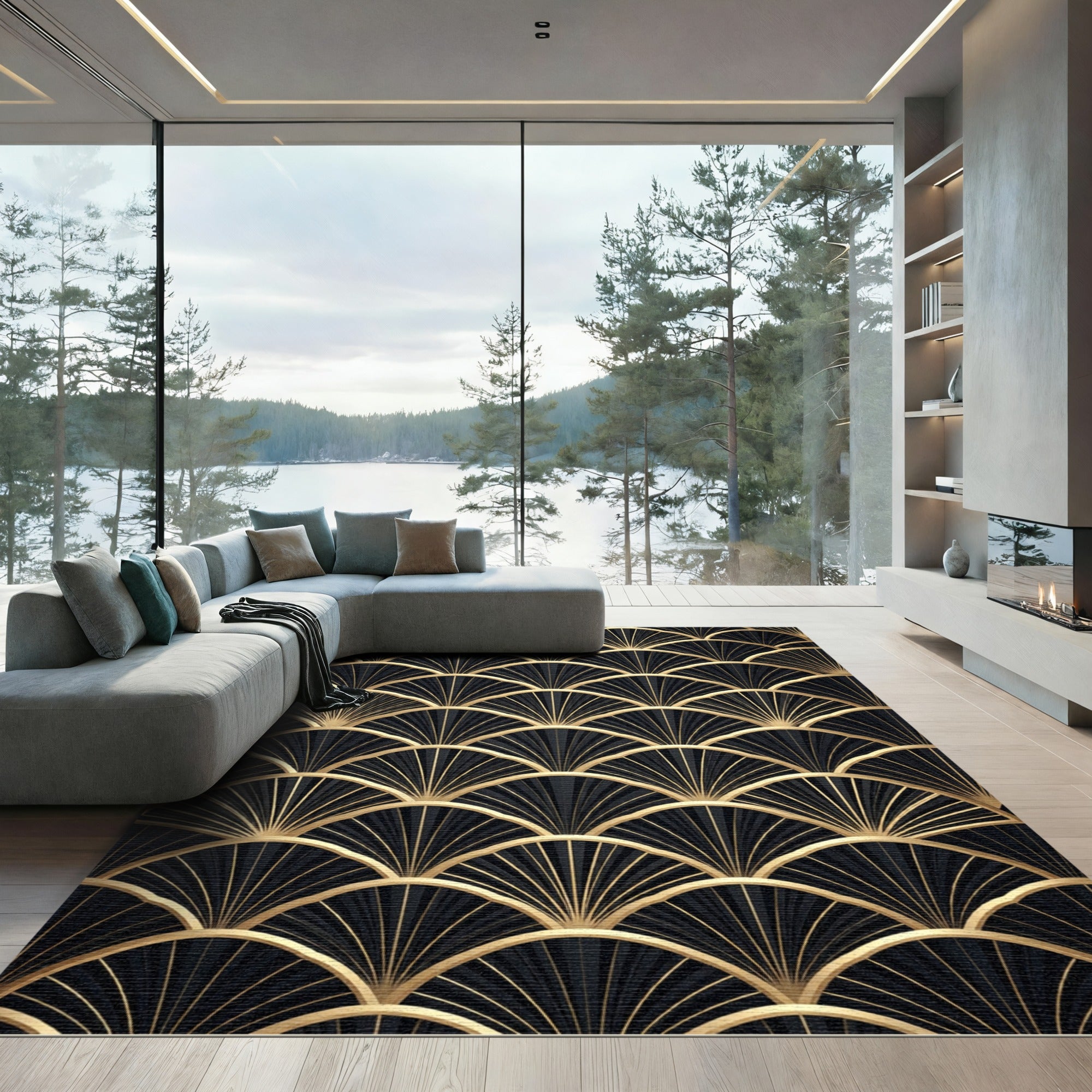 Black And Gold Art Deco Fan Rug
