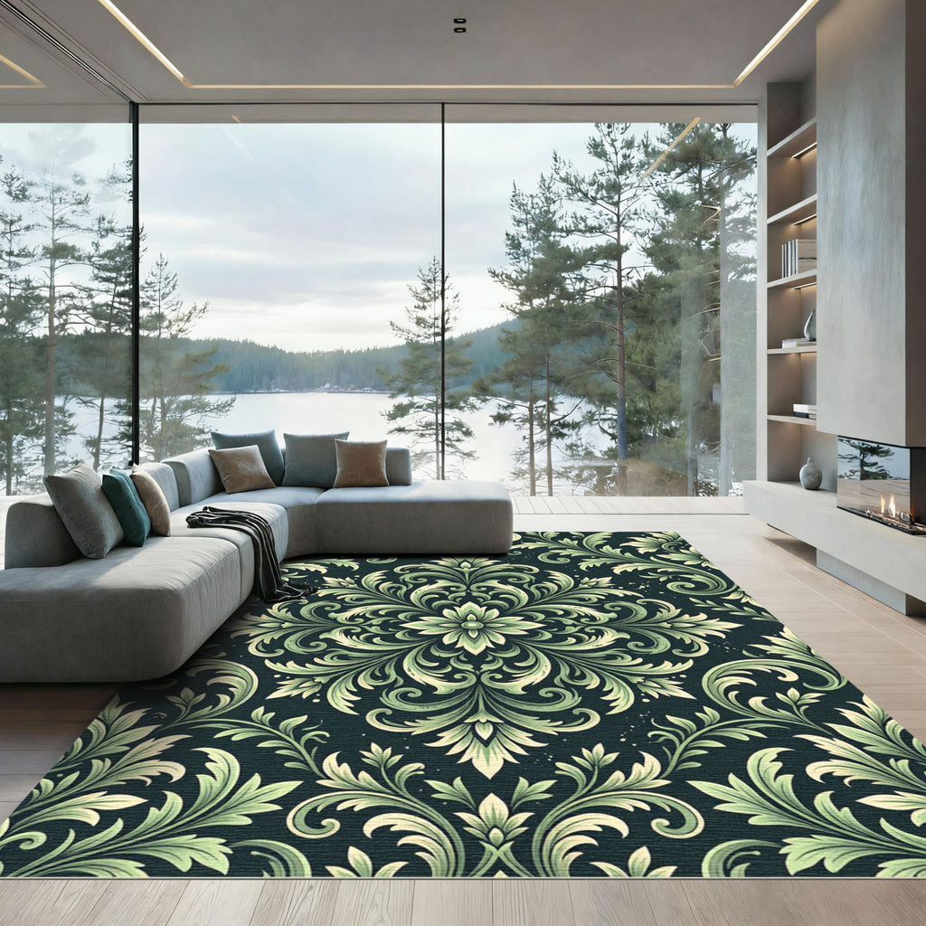 Elegant Sage Green Damask Medallion Rug