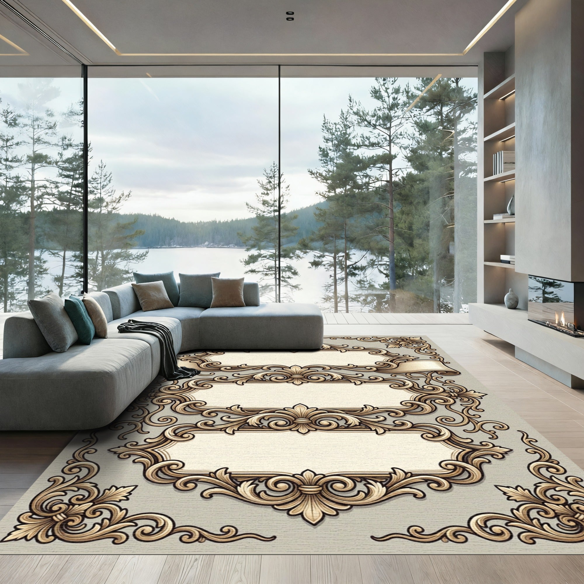 Vintage Beige Acanthus Scrollwork Frame Rug