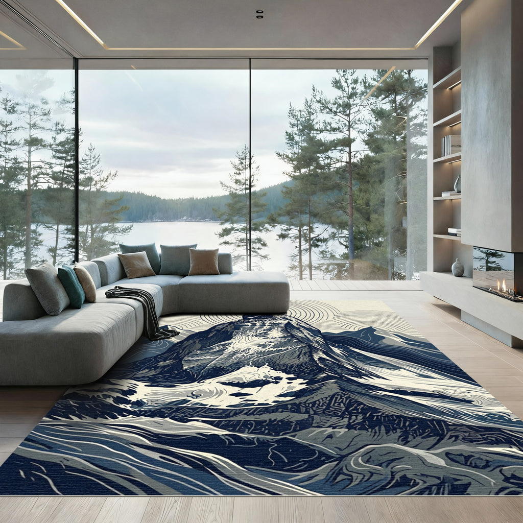 Minimalist Alpine Mountain Zen Line Art Rug
