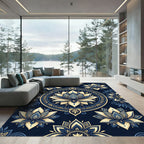 Midnight Blue Golden Lotus Mandala Rug