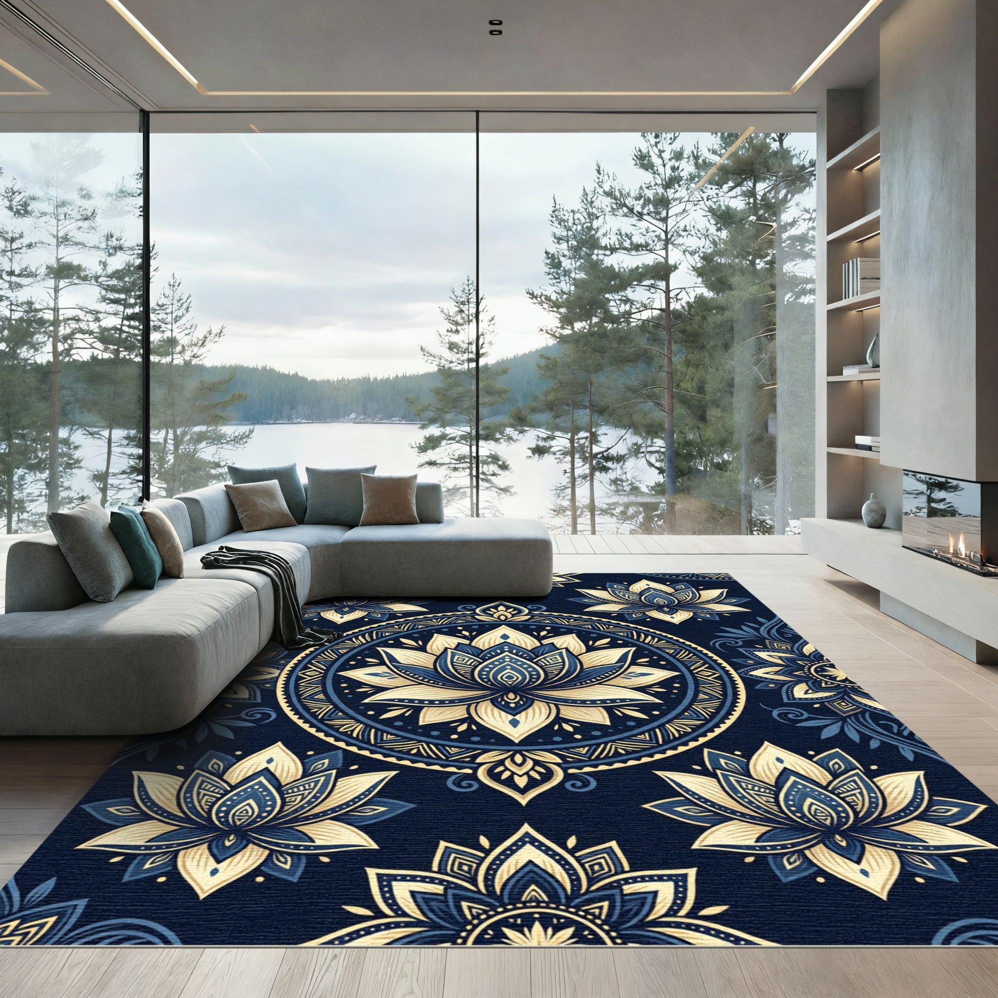 Midnight Blue Golden Lotus Mandala Rug