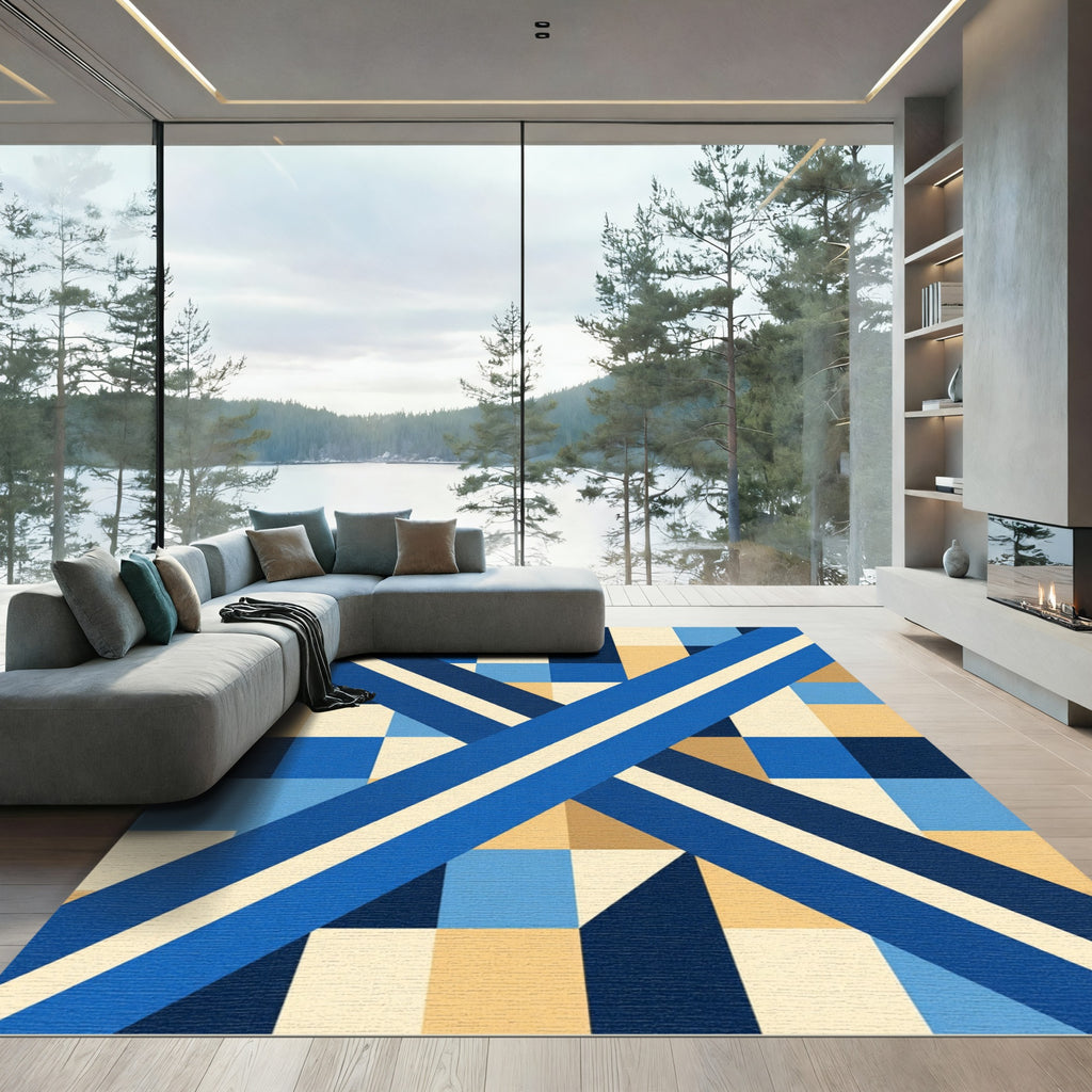 Geometric Blue Cream Diagonal Stripe Art Rug