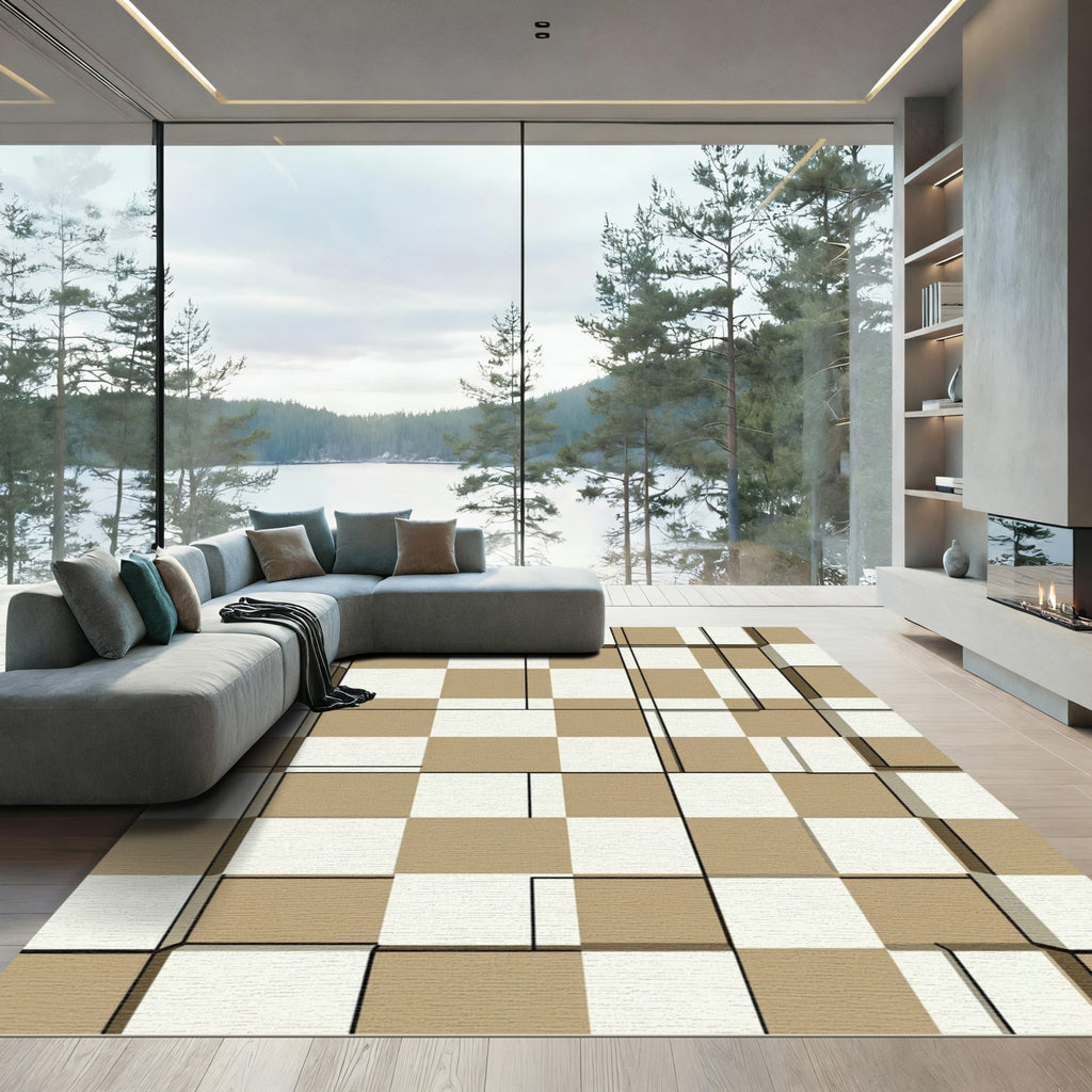 Brown White Geometric Grid Cubes Rug
