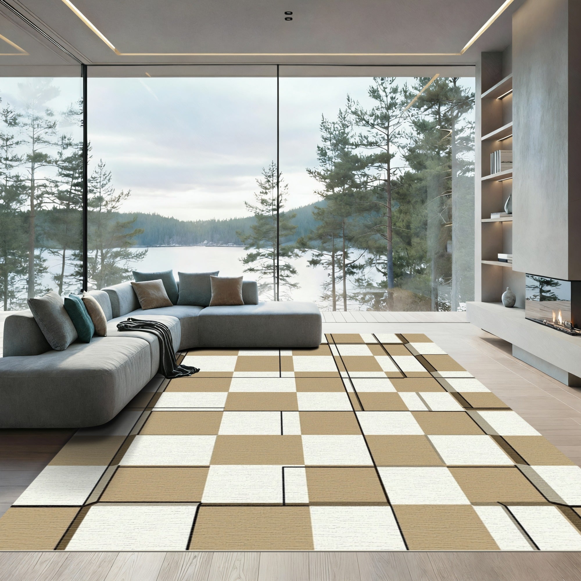Brown White Geometric Grid Cubes Rug