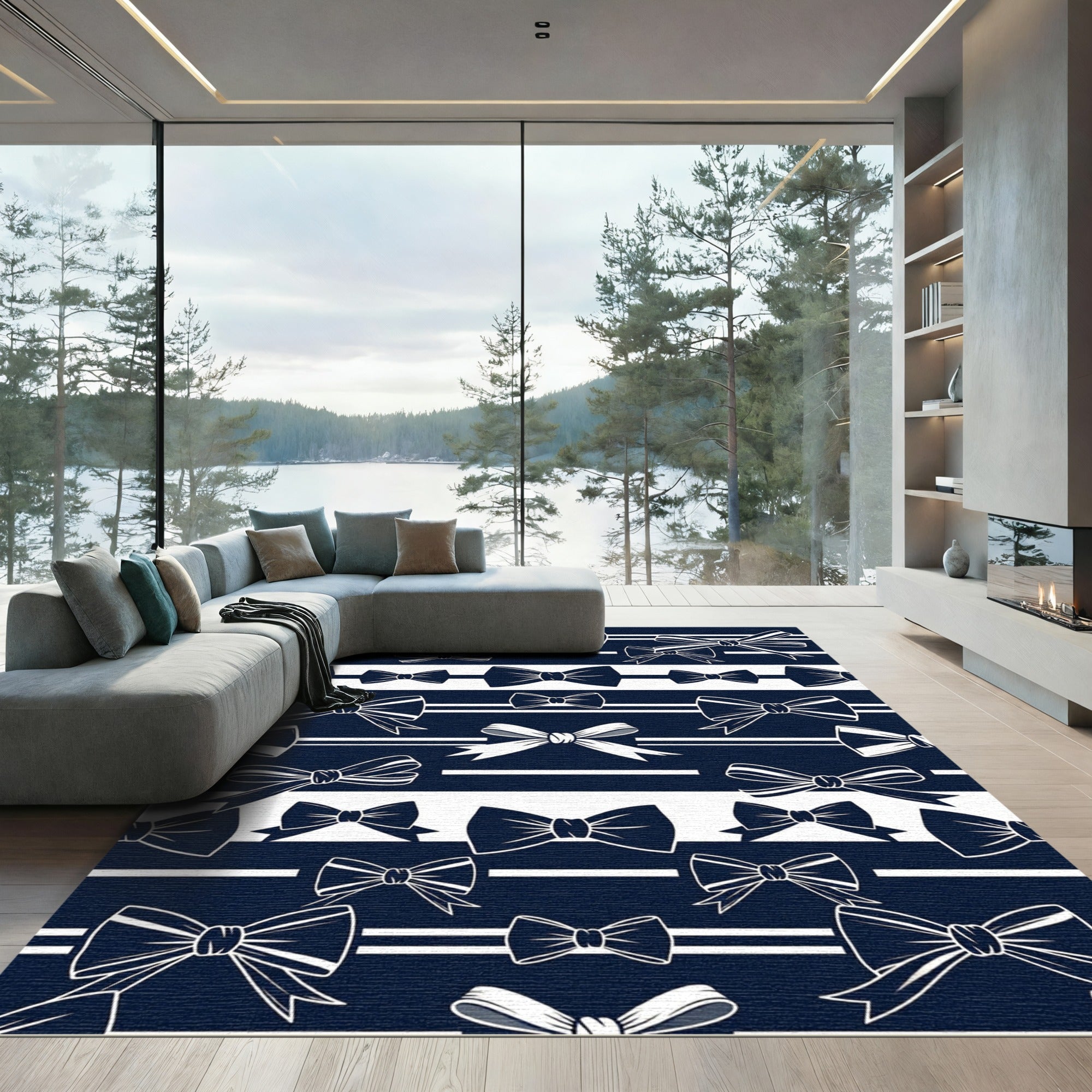Navy Blue Bow Ribbon Stripe Rug