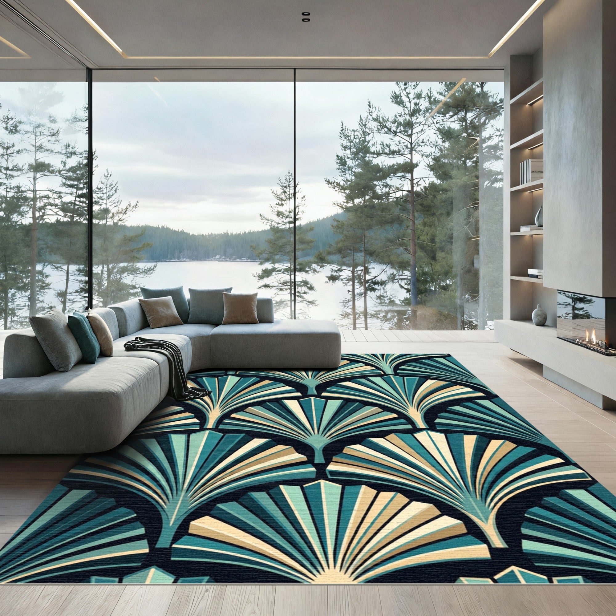 Art Deco Teal Tan Fan Pattern Rug