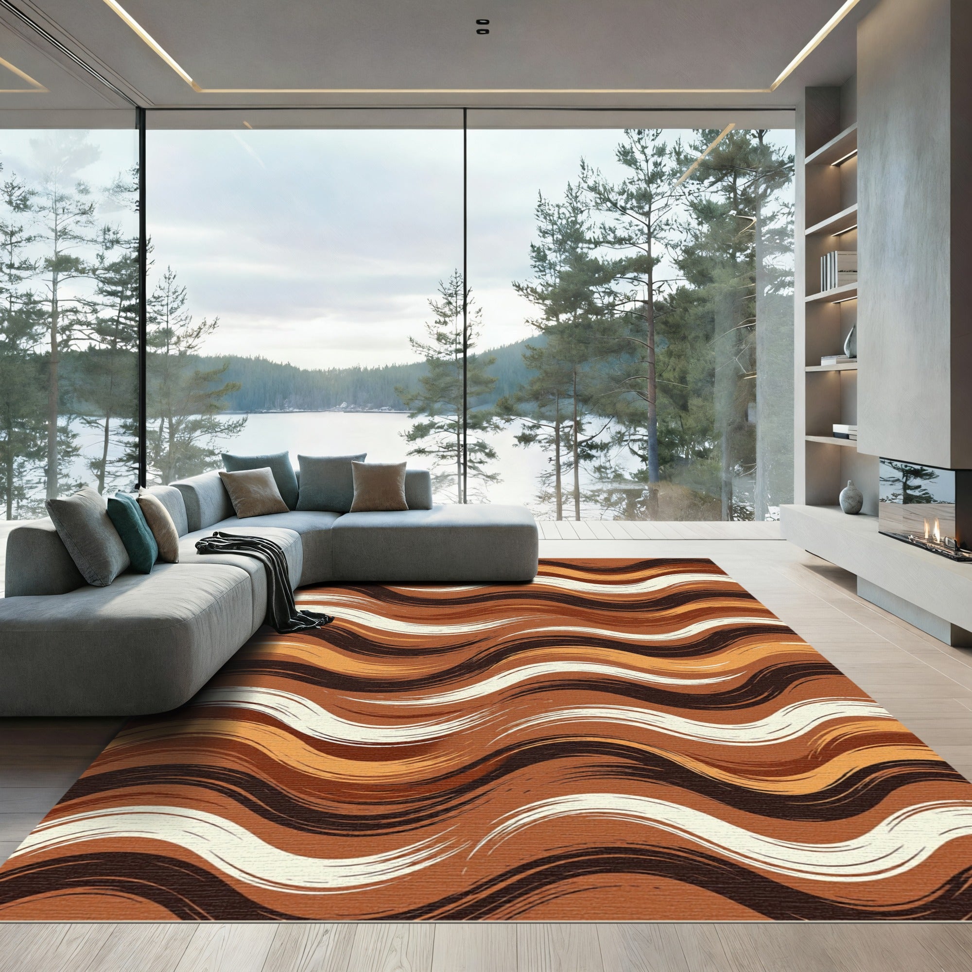 Earthy Brown Brushstroke Waves Rug