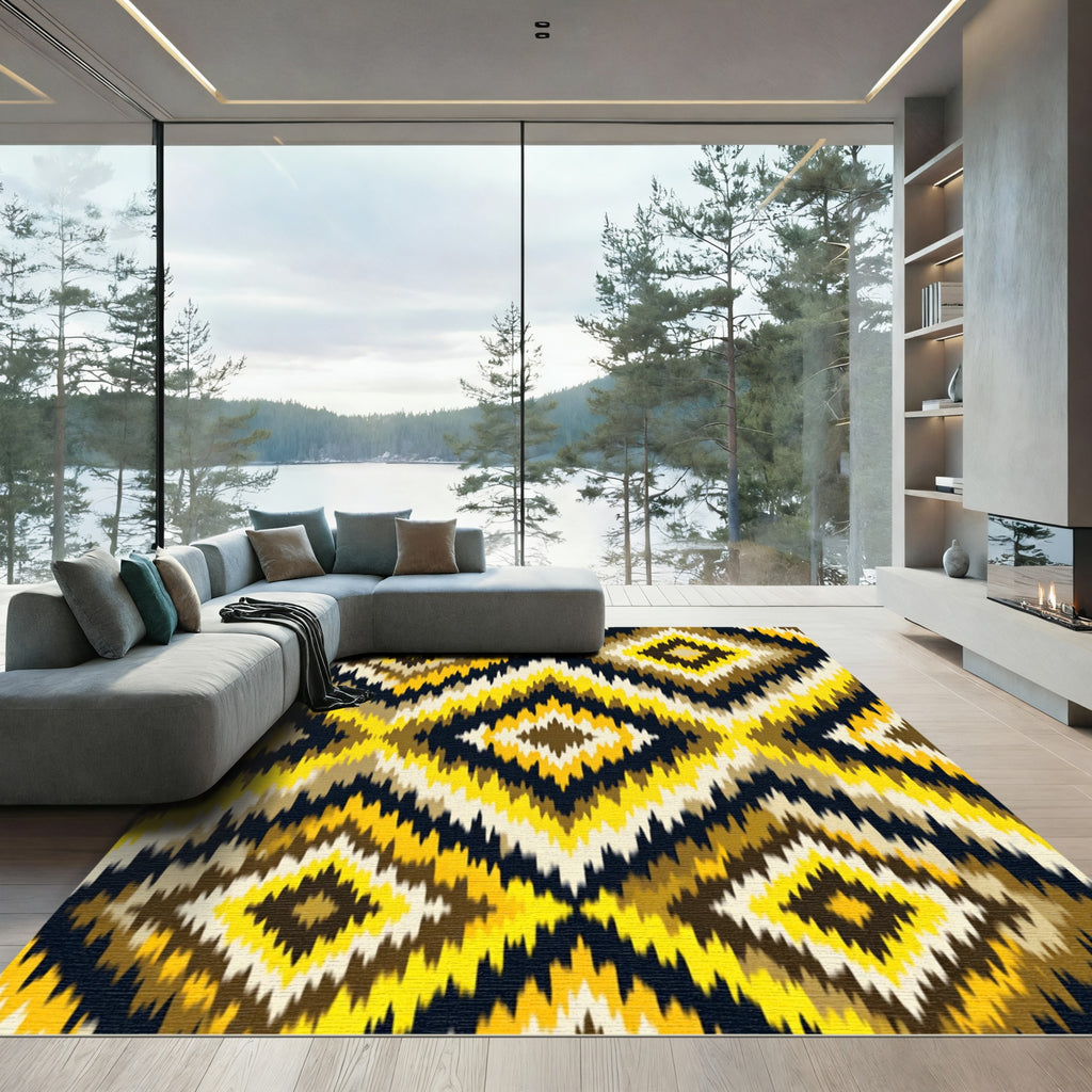 Bold Yellow Black Geometric Ikat Diamond Rug