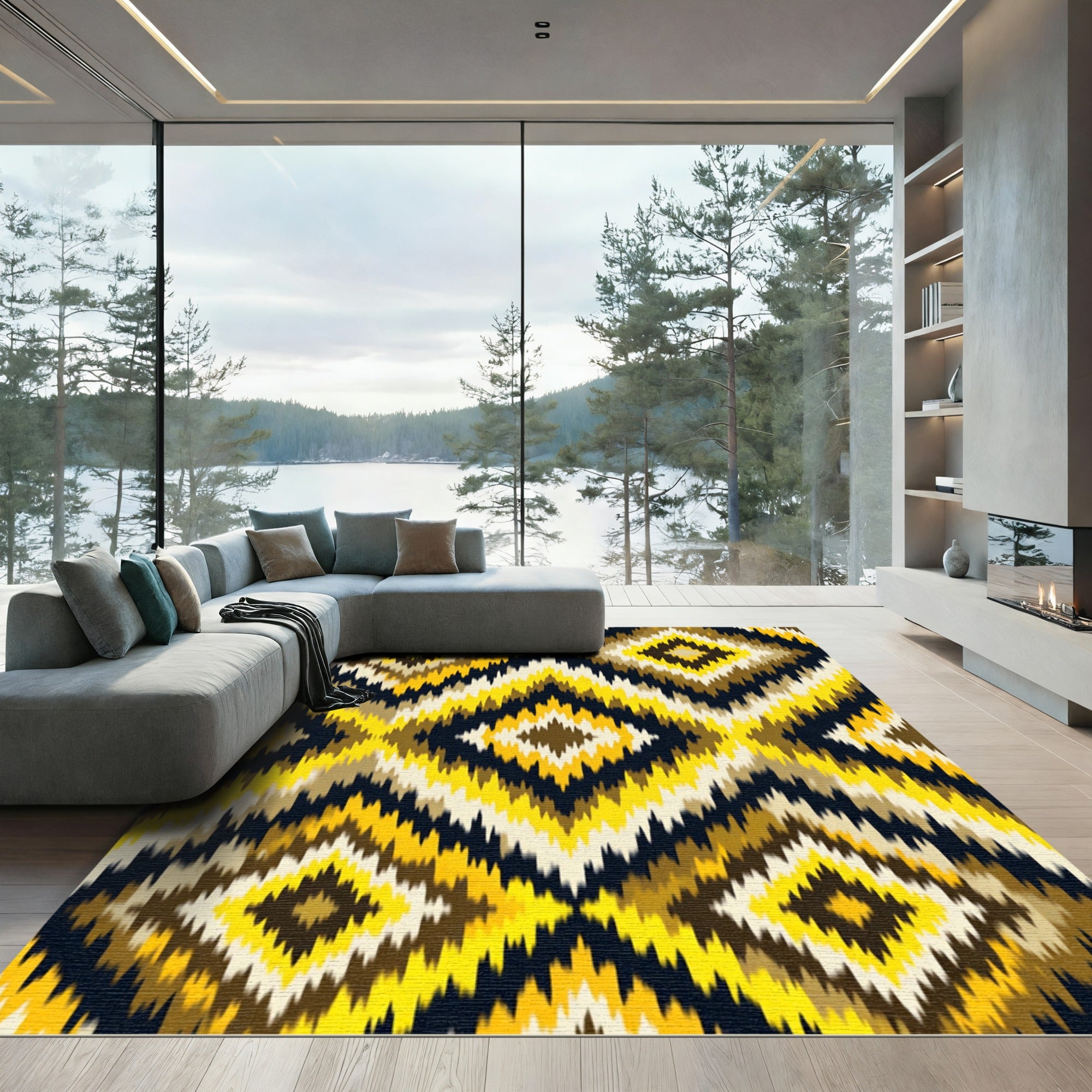 Bold Yellow Black Geometric Ikat Diamond Rug