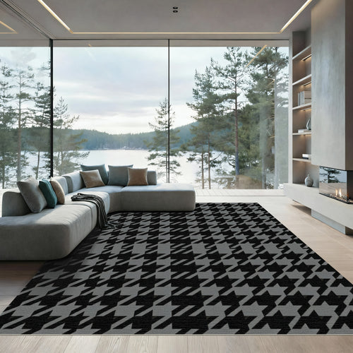 Black Gray Houndstooth Geometric Array Rug