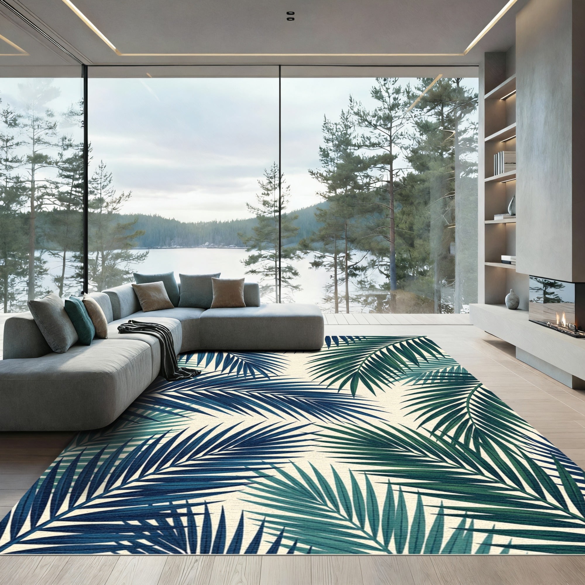 Lush Blue and Emerald Tropical Foliage Rug