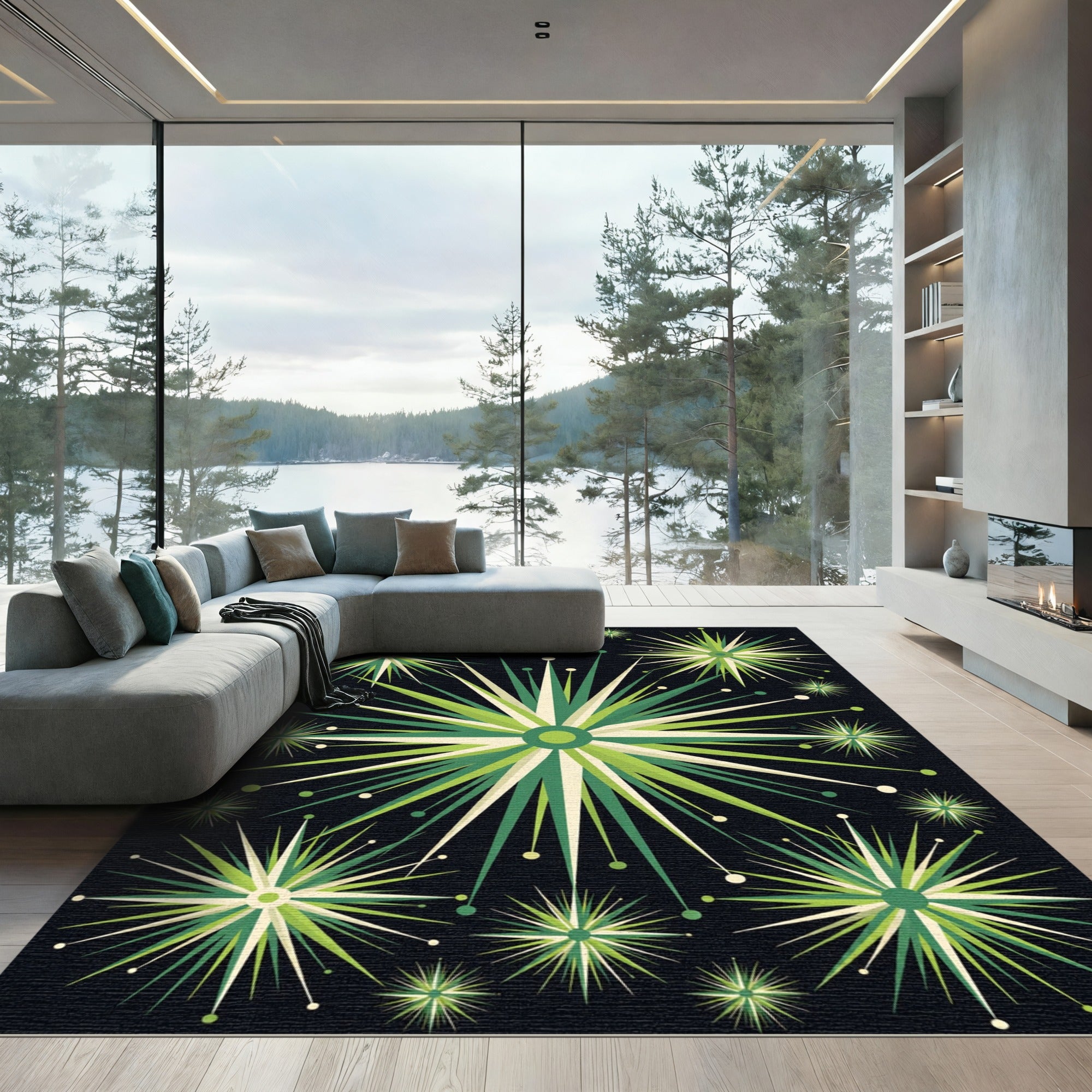 Mid-Century Green Geometric Starburst Art Rug