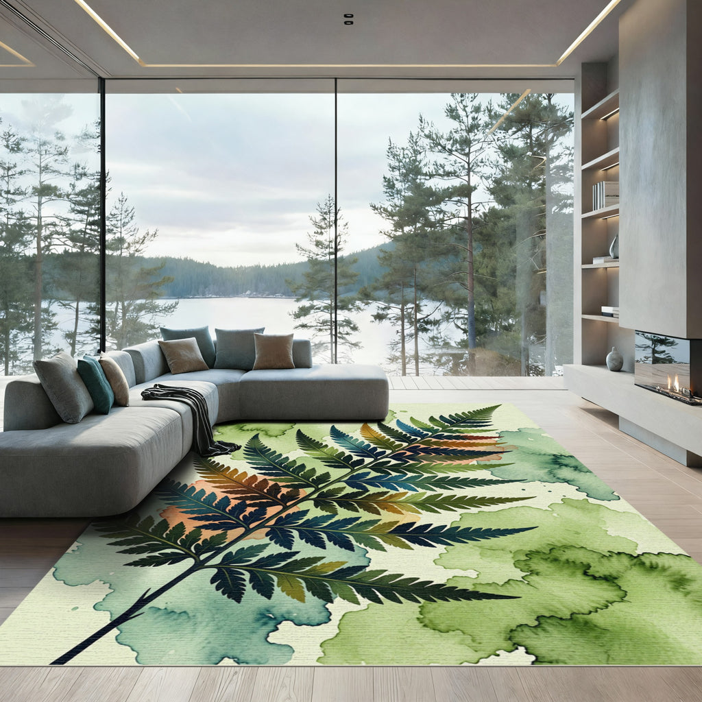 Earthy Green Watercolor Fern Frond Rug