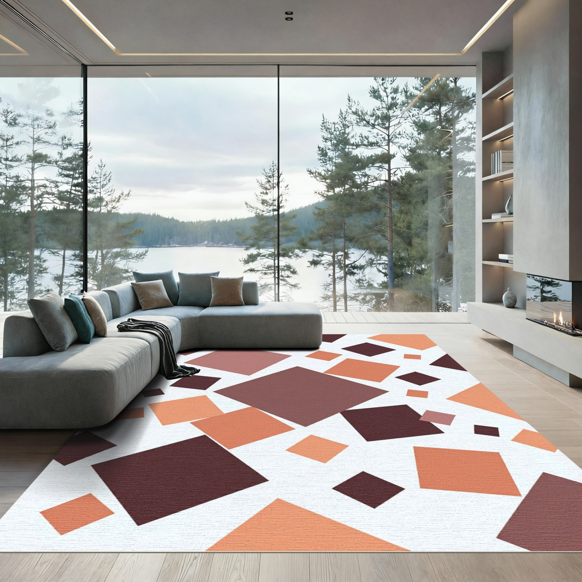 Modern Earth Tone Geometric Square Grid Rug
