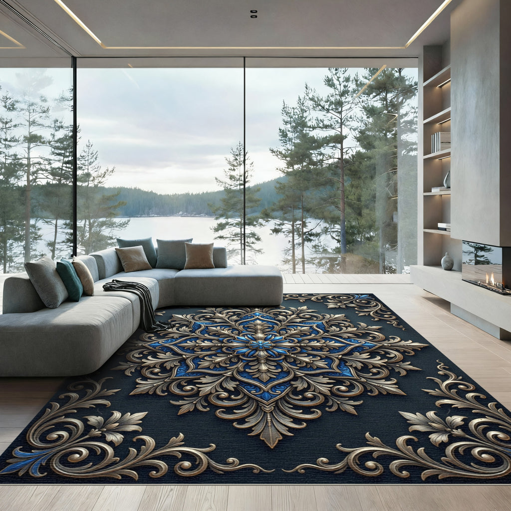 Opulent Gold and Navy Floral Medallion Rug