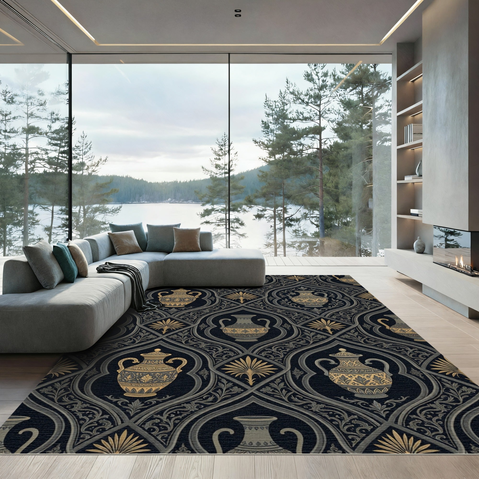Gold and Gray Ornamental Vase Pattern Rug