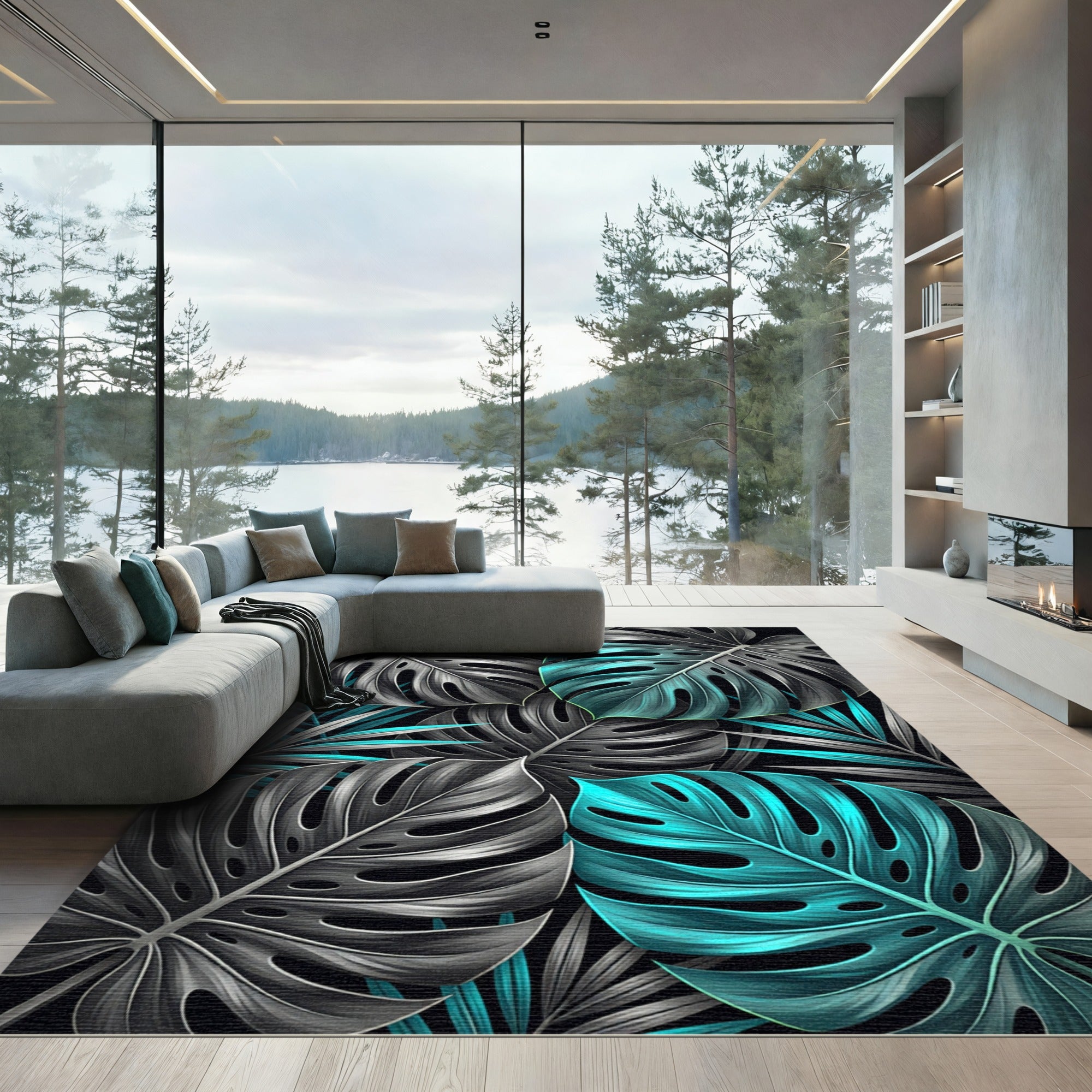 Teal and Charcoal Tropical Monstera Leaves Rug