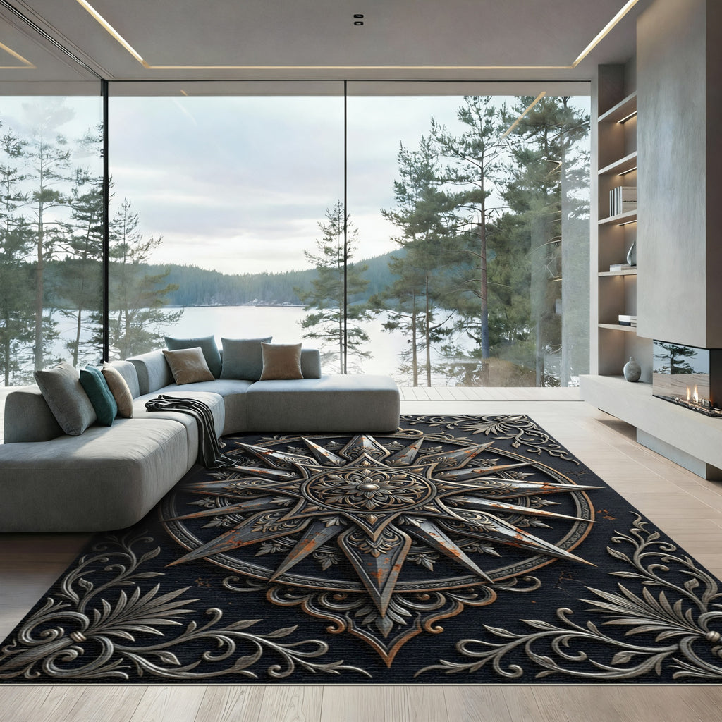 Aged Metallic Compass Star Medallion Rug