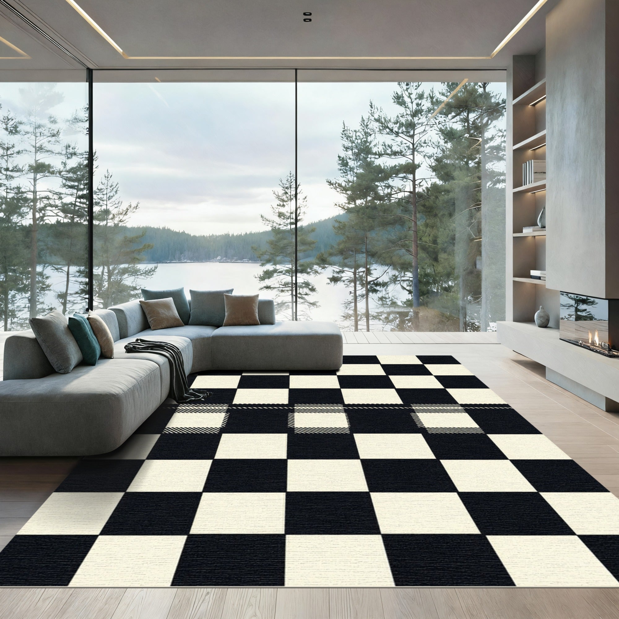 Classic Black White Checkered Buffalo Rug